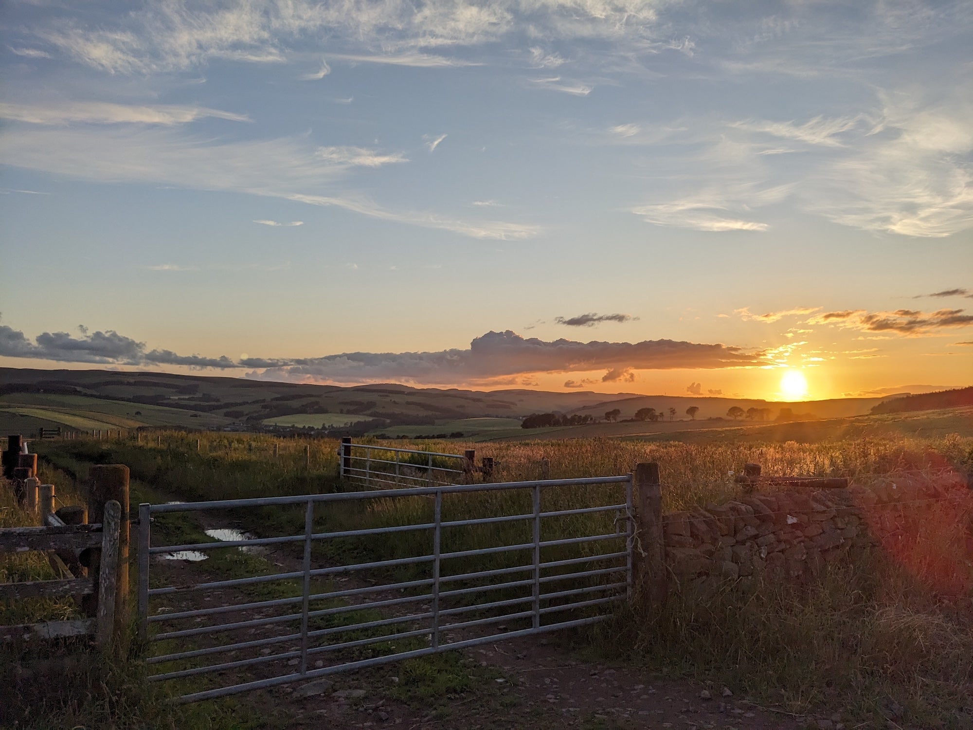 Sunset over a rural Scottish borders landscape with a metal gate and fields.